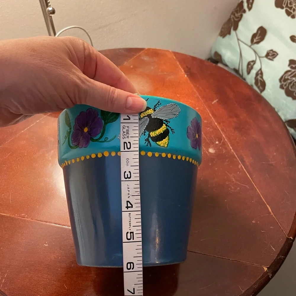 Hand crafted upcycled BEE Terra cotta pot painted blue purple yellow dots floral - Picture 7 of 14